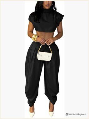 Mock Neck Crop Top & Palazzo Pants Set - Summer Outfit
